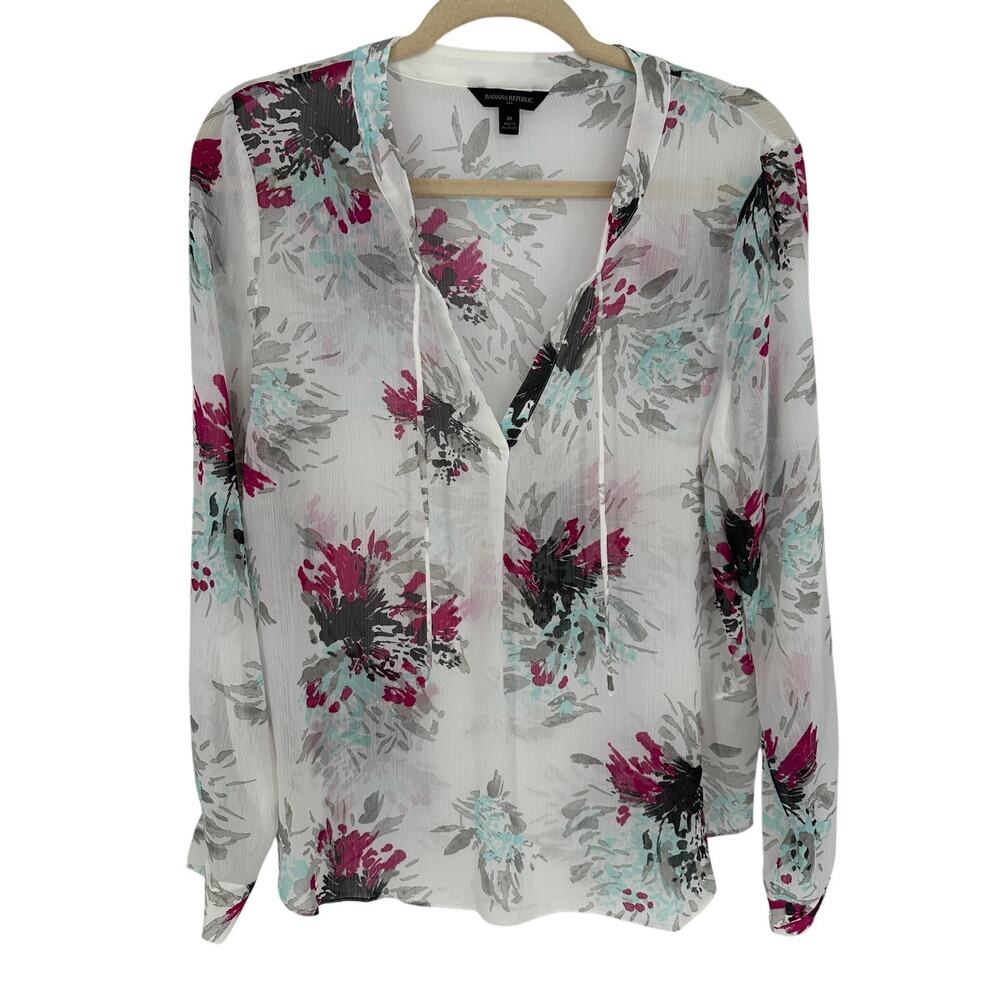Banana Republic Blouse M Medium White Purple Floral Button Long Sleeve Boho Chic